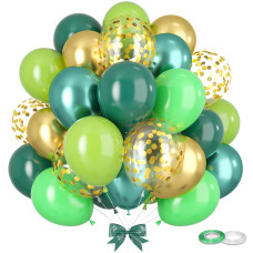 Gremag Green And Gold Balloons 12Inch Dark Light Fruit Green Metallic Green And Gold Confetti Balloon Kit With Ribbons 60Pcs L