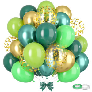 Gremag Green And Gold Balloons 12Inch Dark Light Fruit Green Metallic Green And Gold Confetti Balloon Kit With Ribbons 60Pcs L