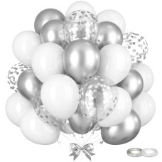 Gremag White And Silver Balloons 12Inch Metallic Silver White Confetti Balloon Kit With Ribbons 60Pcs Latex Balloons For Birth