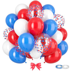 Gremag Red White And Blue Balloons 12Inch Red White Dark Blue Confetti Balloon Kit With Ribbons 60Pcs Latex Balloons For Birth