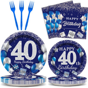 96 Pcs 40Th Birthday Party Supplies Navy Blue And Silver Birthday Plates 40Th Birthday Paper Tableware Happy Birthday Party Plat