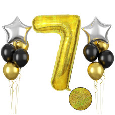 Glitter Gold Number 7 Balloon 40 Inch 7Th Birthday Balloons 11Pcs Metallic Gold Black Latex Balloons Silver Star Balloons Gian