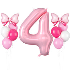 Pearl Pink Number 4 Balloon 40 Inch 4Th Birthday Balloons 11Pcs Macaron Pink White Latex Balloons Hot Pink Bow Balloons Pastel