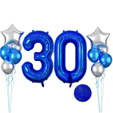 Glitter Blue Number 30 Balloon 40 Inch 30Th Birthday Balloons 12Pcs Metallic Blue Latex Balloons Metallic Silver Star Balloons