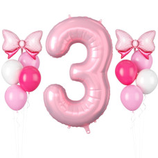 Pearl Pink Number 3 Balloon 40 Inch 3Rd Birthday Balloons 11Pcs Macaron Pink White Latex Balloons Hot Pink Bow Balloons Pastel