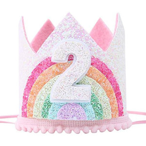 Sundecor Baby Princess Birthday Rainbow Crown Number 2 Glitter Headband Birthday Crown Birthday Hats For Kids 2Nd Girls Birthda