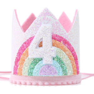 Sundecor Princess Birthday Rainbow Crown Number 4 Glitter Headband Birthday Crown Hats Girls Party Supplies Photo Props Hair Ac