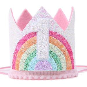 Sundecor Baby Princess Birthday Rainbow Crown Number 1 Glitter Headband Birthday Crown Birthday Hats For Kids 1St Girls Birthda