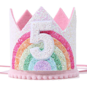 Sundecor Baby Princess Birthday Rainbow Crown Number 5 Glitter Headband Birthday Crown Birthday Hats For Kids 5Th Girls Birthda