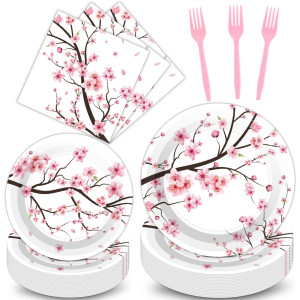 Qyeahkj 100 Pcs Cherry Blossom Party Supplies Set Cherry Blossom Plates And Napkins Birthday Party Tableware Packs Decorations C