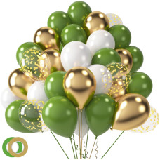 Lovestown 60Pcs Sage Green Balloons 12 Inches Green Gold Confetti Latex Balloons With Ribbon For Birthday Wedding Engagement Gr