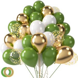 Lovestown 60Pcs Sage Green Balloons 12 Inches Green Gold Confetti Latex Balloons With Ribbon For Birthday Wedding Engagement Gr