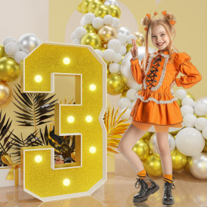 Imprsv Marquee Numbers Gold 3Ft Golden Party Decor Light Up Number 3 Large 3 Feet Tall Birthday Decorations For Him Her 3Rd