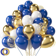 Lovestown 60Pcs Blue Gold Balloons 12 Inches White Royal Blue Confetti Latex Balloons With Ribbon For Graduation Birthday Backd