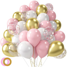 Lovestown 60Pcs Pink Balloons 12 Inches White Gold Confetti Latex Balloons With Ribbon Thicken For Girls Engagement Birthday We