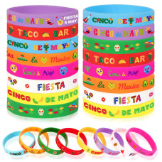 Junebrushs 24Pcs Mexican Fiesta Party Favors Silicone Bracelets Cactus Guitar Hat Rubber Wristbands For Fiesta Mexican Birthday