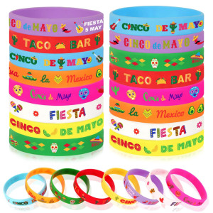 Junebrushs 24Pcs Mexican Fiesta Party Favors Silicone Bracelets Cactus Guitar Hat Rubber Wristbands For Fiesta Mexican Birthday