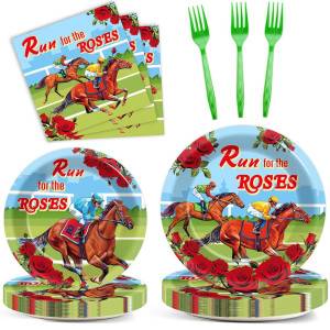 Qyeahkj 100 Pcs Kentucky Party Supplies Derby Day Tableware Set Run For The Roses Party Plates Napkins Forks Disposable Horse Ra