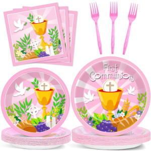 100 Pcs First Communion Plates And Napkins Baptism Decorations For Girl 1St Holy Communion Party Pink Disposable Paper Tableware