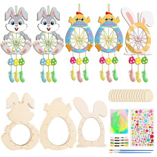 Fennoral 5 Pack Easter Dream Catcher Craft Kit For Kids Paint You Own Bunny Chick Dream Catcher Ornament Diy Coloring Wooden Eas