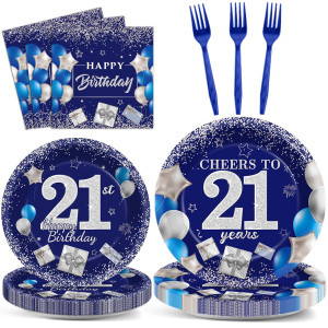 Gisgfim 96 Pcs 21St Birthday Plates And Napkins Party Supplies Cheers To 21 Years Tableware Set Blue Silver 21St Birthday Dinner