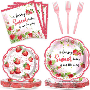 Qyeahkj 100 Pcs Strawberry Baby Shower Party Plates Napkins Forks Supplies Set Sweet Berry Tableware Party Supplies A Berry Swee