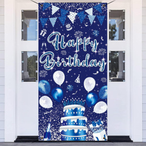 Gya 3X6Ft Blue Silver Birthday Door Banner Navy Blue Glitter Sequin Happy Birthday Background Cake Balloons Gifts Backdrops Kids