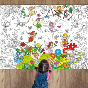 Naozinebi Summer Fairy Garden Coloring Poster For Kids Giant Coloring Poster Large Fairy Party Flower Coloring Tablecloth Jumbo