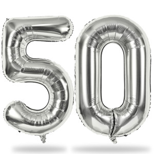 Silver 50 Balloons Number 40 Inch Helium Foil Number 5 0 Balloons For 50Th Birthday Decorations Large Self Inflating Mylar 5