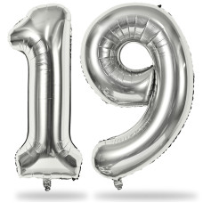 19Th Birthday Balloon For Girls Boys 40 Inch Silver Number 1 9 Mylar Balloons Self Inflating Big Foil Helium Number 19 Ballo