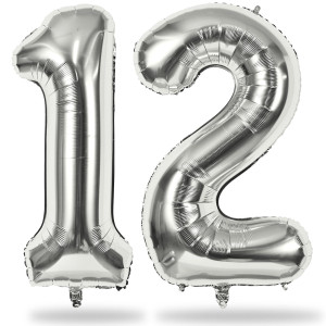 Silver 12Th Birthday Balloons For Boys 40 Inch Mylar Self Inflating 12 Balloon Number Big Foil 1 And 2 Helium Balloons For Wom