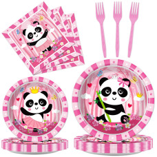 Gisgfim 96Pcs Pink Panda Birthday Party Supplies Set Pink Panda Party Paper Disposable Plates Napkins Panda Themed Party Decorat