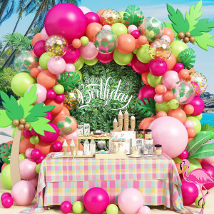 Tropical Balloon Arch Garland Kit Hawaiian Luau Party Decorations With Hot Pink And Green Balloons Palm Leaves Balloons Gold C