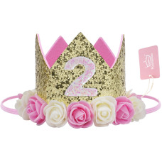 Baby Birthday Crown Princess Crowns Tiara Party Hat With Gold Glitter And Pink Roses For Birthday Party Decorations