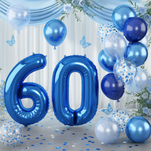 60 Balloon Number Blue Big Number 60 Balloon Pastel Navy Dark Blue With Metallic Silver Confetti Balloon For Men 60Th Birthday