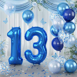 Number 13 Balloon Pastel Blue For Kids Xxl 13Th Birthday Decor Foil Balloon Dark Navy Blue With Silver Confetti Helium Balloon