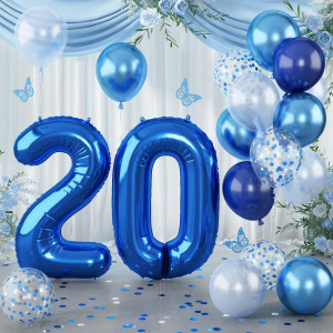 Dark Blue Number 20 Balloon 40 Inch Large Balloon 20 With Metallic Light Navy Blue Silver Confetti Balloon Self Inflating Heli