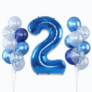 Foil Number Balloons 2 40 Inch 2Nd Birthday Balloon With Pastel Navy Dark Blue Silver Confetti Helium Balloon Self Inflating B