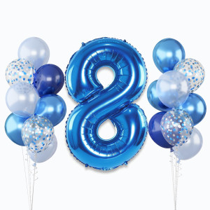 Giant Number Foil Balloon 8 Dark Blue Self Inflating 8Th Birthday Balloon For Boys 40 8 Balloon Light Navy Blue With Metalli