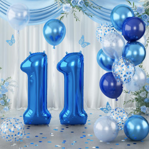 Foil Number Balloons 11 40 11Th Birthday Balloon With Pastel Navy Dark Blue Silver Confetti Helium Balloon Self Inflating Bi