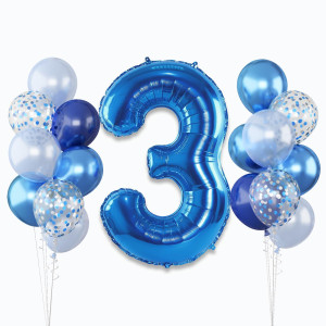 Navy Blue 3Rd Birthday Balloon Giant Self Inflating Number 3 Balloon Metallic Dark Blue Silver Confetti Helium Balloon Foil 40