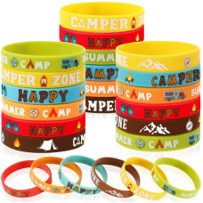 Junebrushs 42Pcs Camping Party Favors Silicone Bracelets Summer Camping Theme Rubber Wristbands Accessories For Kids Adults Camp