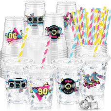 Foldtier 50 Pcs 90S Party Cups Disposable Plastic Cup 12 Oz G Back To 90S Cups Thick 90S Theme Clear Cup Lids Straws Retro Music