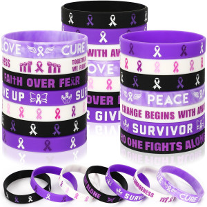 Junebrushs 42Pcs Purple Ribbon Awareness Accessories Silicone Bracelets Hope Faith Courage Wristbands For Lupus Domestic Violenc