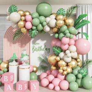 Sage Green And Pink Balloon Arch Kit 137 Pcs Blush Pastel Pink And Green Baby Shower Garland With White Sand Metalic Gold Ballo