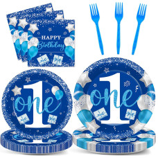 Wiooffen Boy 1St Birthday Party Tableware Set For 24 Guests Blue One Year Old Paper Plates Napkins Baby Boy 1St Happy Birthday P