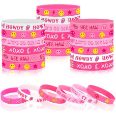 Junebrushs 42Pcs Preppy Party Favors Bulk Pink Preppy Birthday Rubber Bracelets Silicone Wristband For Girls Students Birthday P