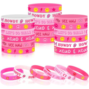 Junebrushs 42Pcs Preppy Party Favors Bulk Pink Preppy Birthday Rubber Bracelets Silicone Wristband For Girls Students Birthday P