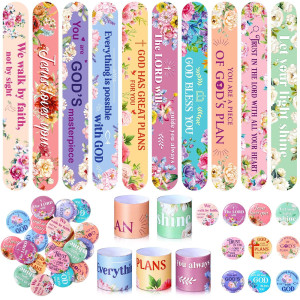 Frienda 60 Pieces Religious Slap Bracelets With Button Pins Jesus Love You Wristbands Jesus Snap Bracelets Christian Badges For