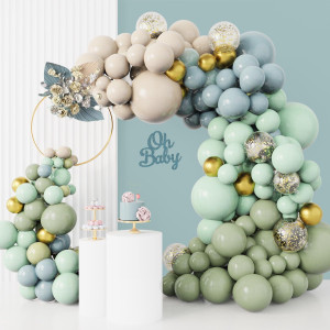 Sage Green Dusty Blue Balloons Arch Garland Kit Pastel Green Blue Sand White Beige Metallic Gold Balloons For Jungle Safari Neu